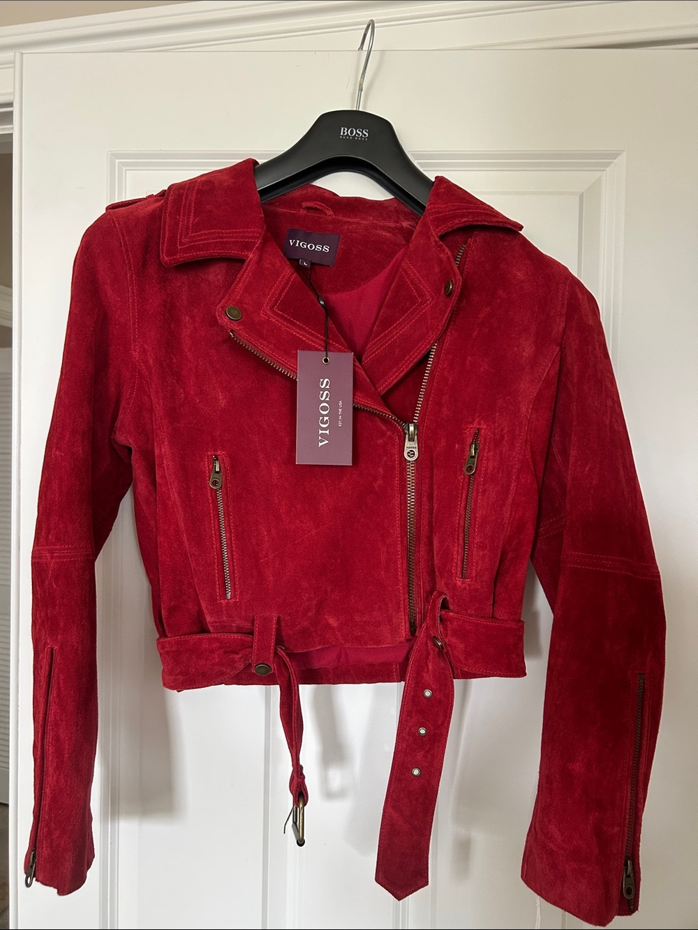 Vigoss Red Suede Moto Jacket with Belt